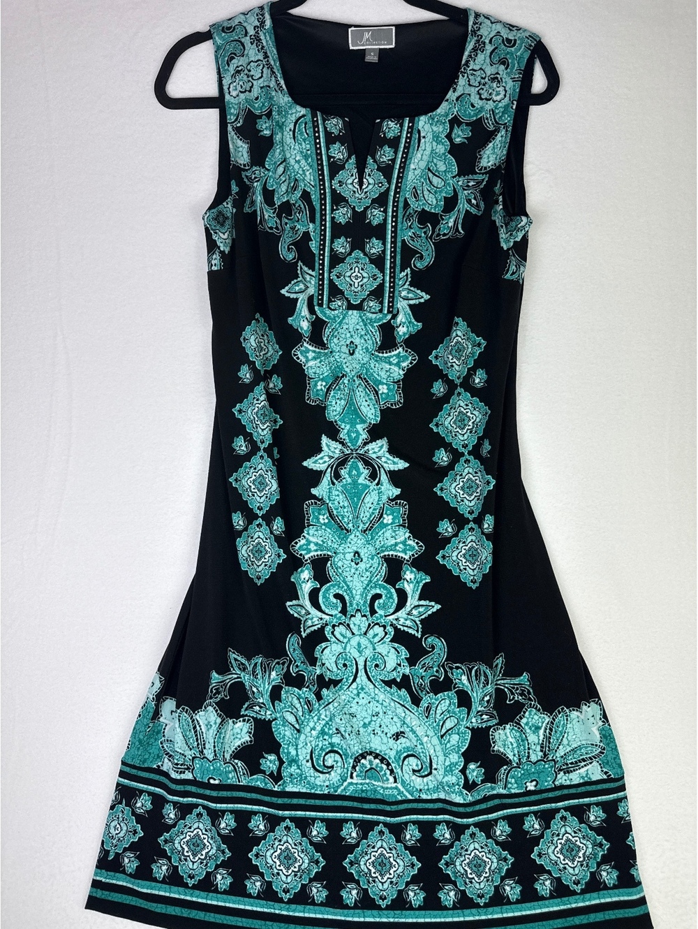 JM Collection Black and Turquoise Sleeveless Dress with Ornate Pattern - Size S